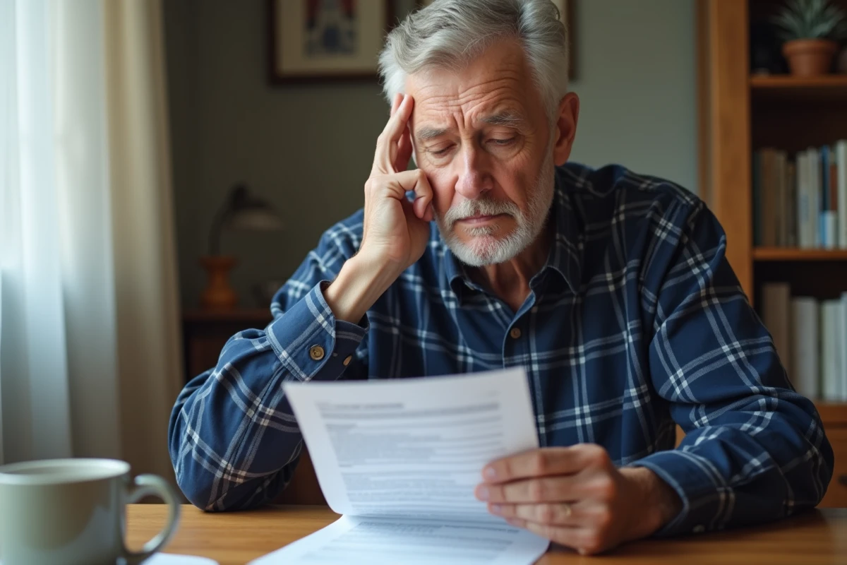 Homme âgé à domicile consultant un document médical en tenant sa mâchoire, symbolisant l'inquiétude face aux symptômes post-extraction dentaire