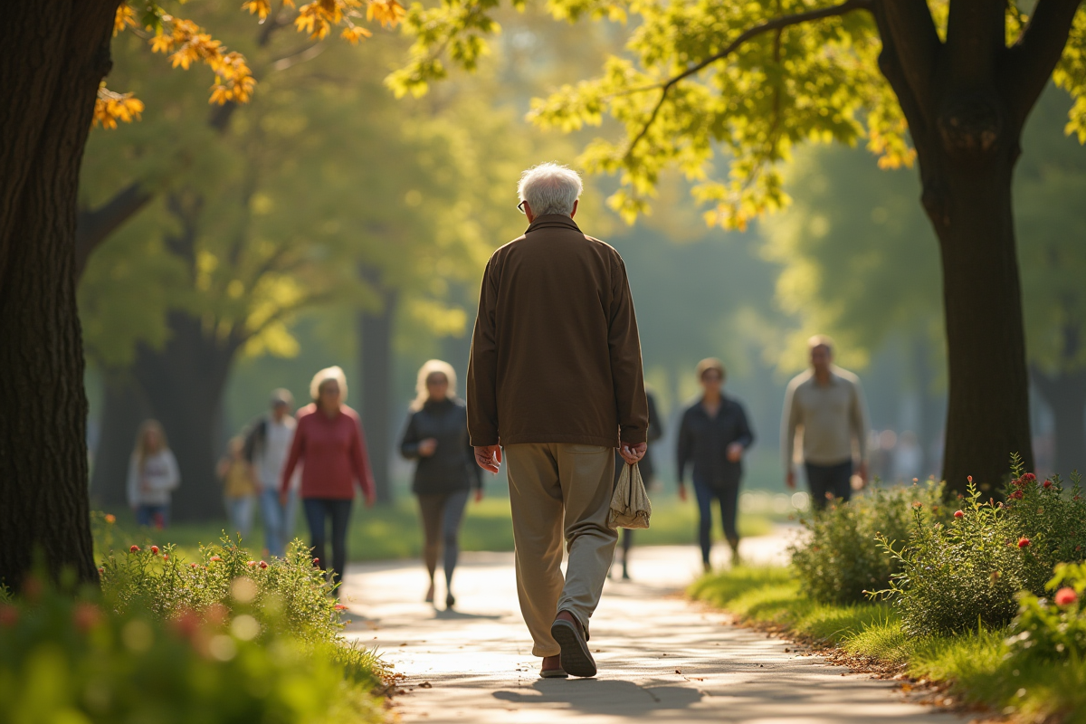 Homme agee se promenant dans un parc urbain ensoleille