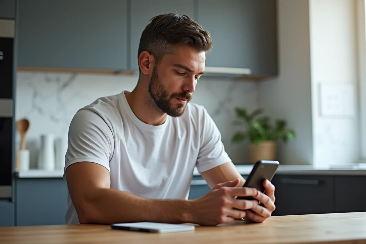 Homme consultant une application de conversion pas en kilomètres sur smartphone pour suivre ses objectifs minceur