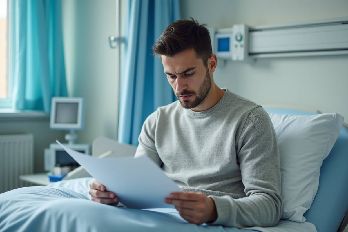 Jeune homme consulte une brochure médicale au lit d