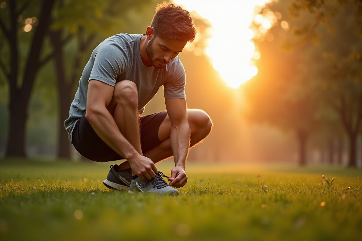 Homme déterminé en train de lacer ses chaussures de course au lever du soleil