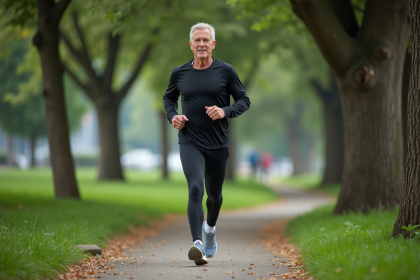 Homme d'&acirc;ge moyen courant dans un parc verdoyant