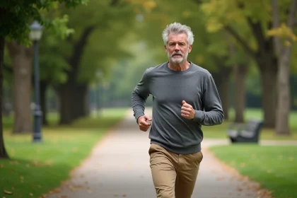 Homme d'âge moyen courant dans un parc verdoyant