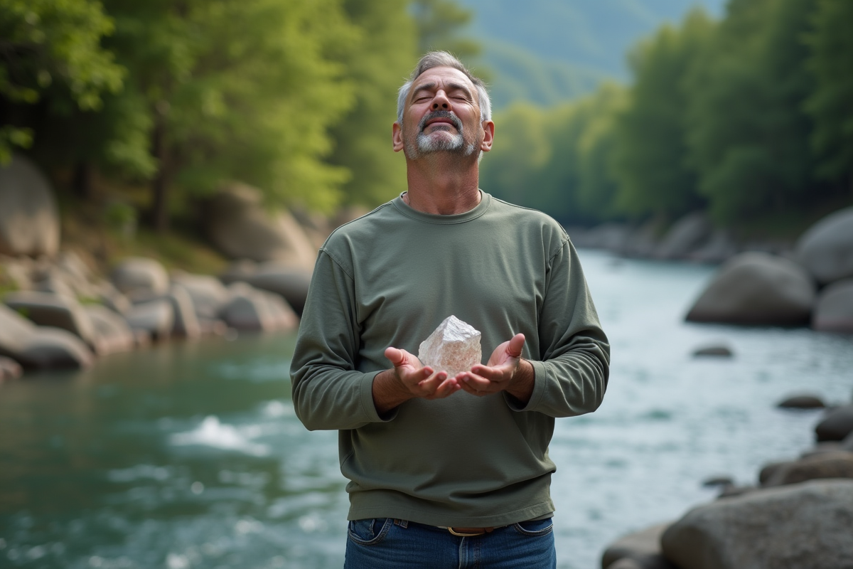 Homme tenant un cristal au bord de la rivière