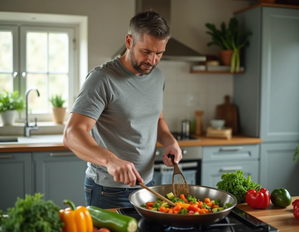 Homme préparant un sauté de légumes sans oignon dans une cuisine moderne pour une alimentation adaptée aux allergies