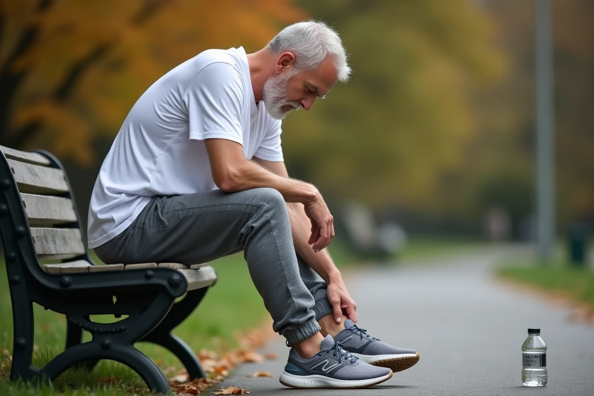 Homme massant le côté extérieur de son pied après une douleur au nerf sural survenue pendant une activité sportive en plein air