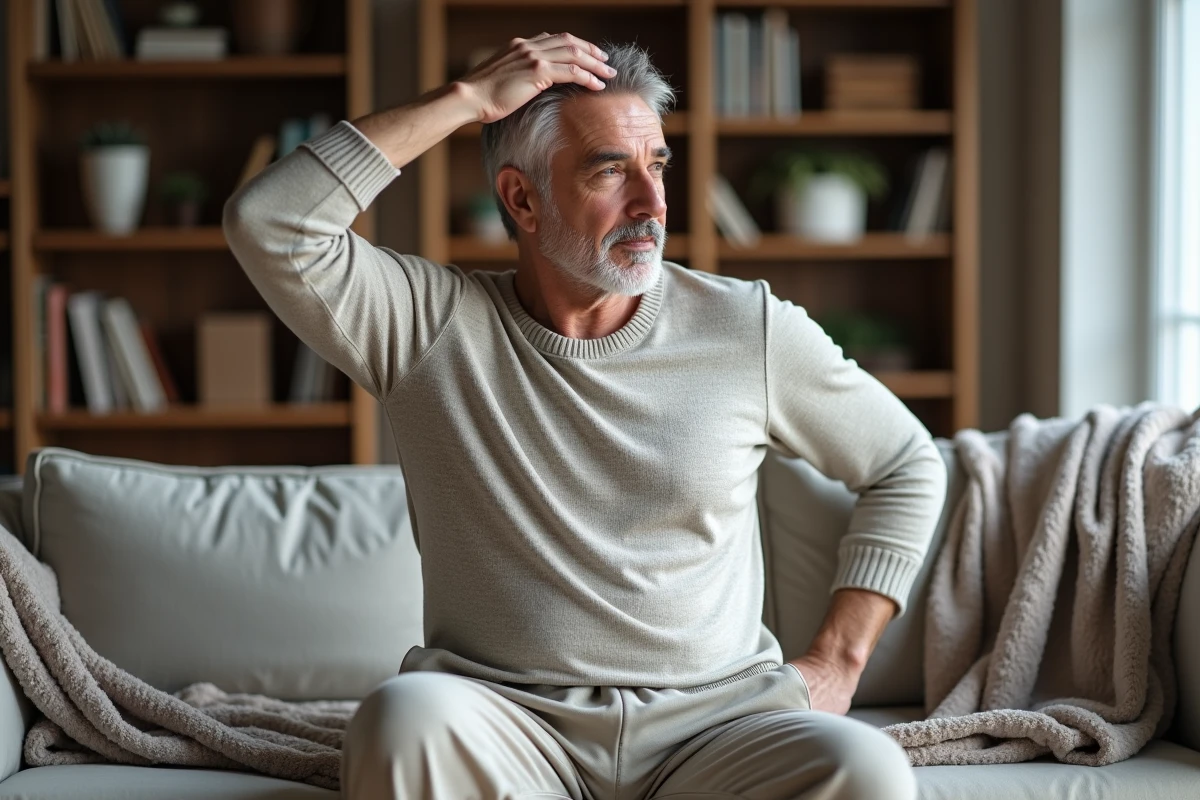 Homme faisant un &eacute;tirement doux sur le canap&eacute; du salon