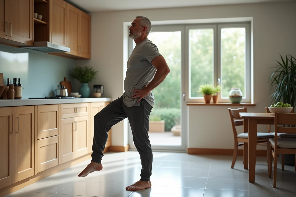 Homme en étirement de la hanche dans une cuisine lumineuse
