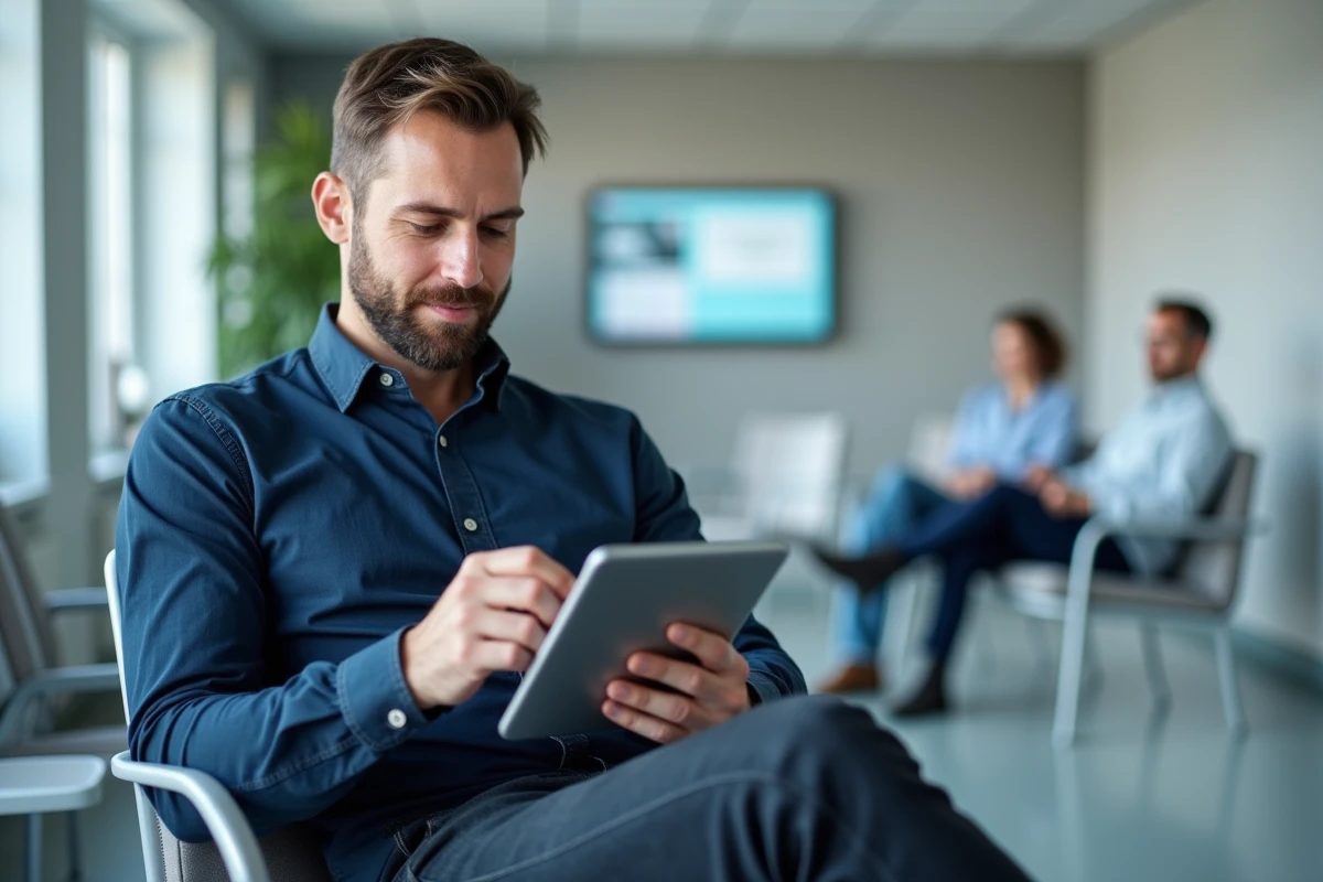 Homme consultant son espace personnel KelDoc sur tablette dans une salle d'attente médicale