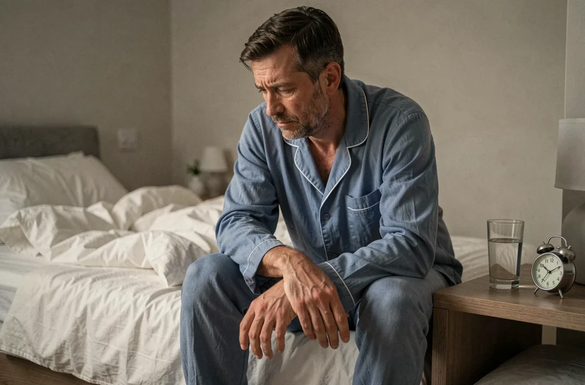 Homme fatigué assis au bord du lit le matin avec une expression introspective, évoquant les effets du manque de sommeil sur le métabolisme et la prise de poids