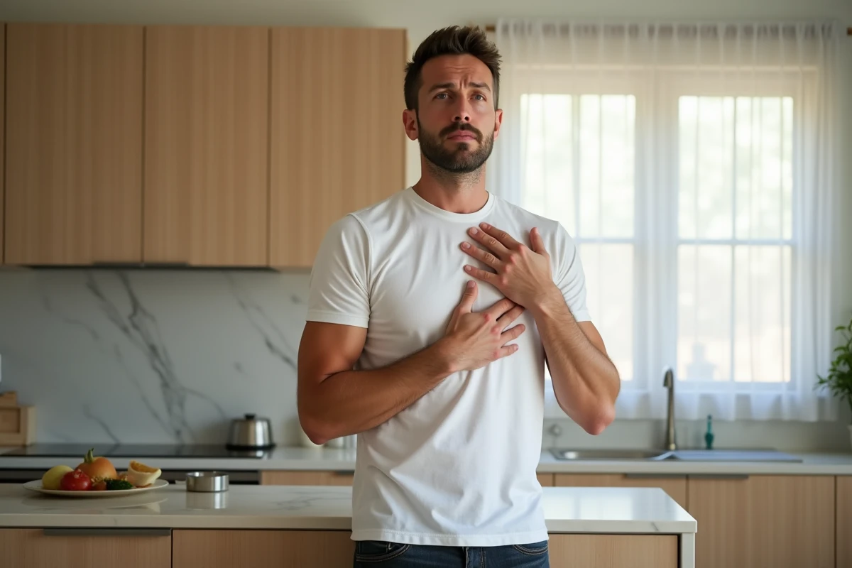 Homme ressentant une gêne thoracique après un repas dans une cuisine, illustrant le lien possible entre troubles digestifs et extrasystoles