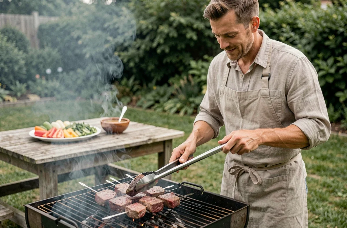 Homme retournant des brochettes de viande maigre sur un barbecue au charbon dans un jardin, ambiance estivale décontractée