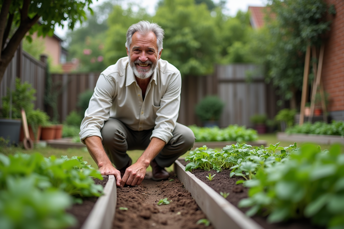 Homme cultivant des herbes dans un jardin