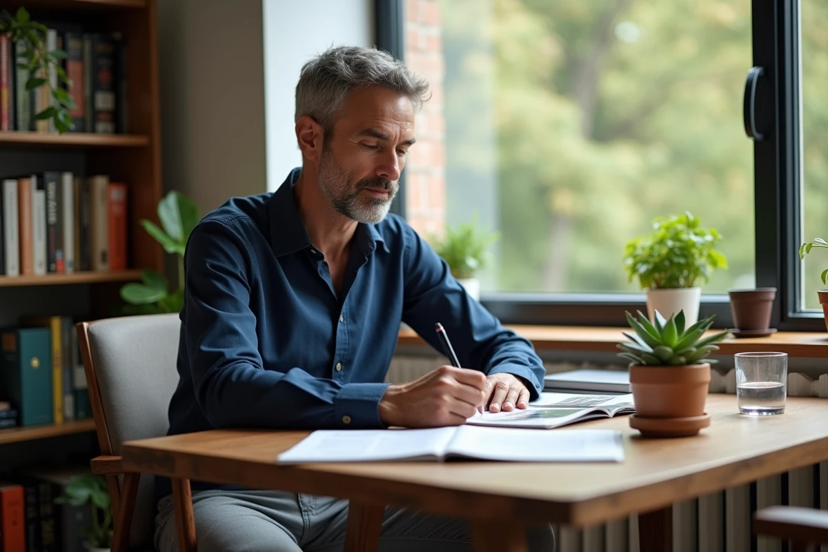 Homme concentré écrivant dans un journal à côté d'un magazine de bien-être sur un bureau en bois près d'une fenêtre