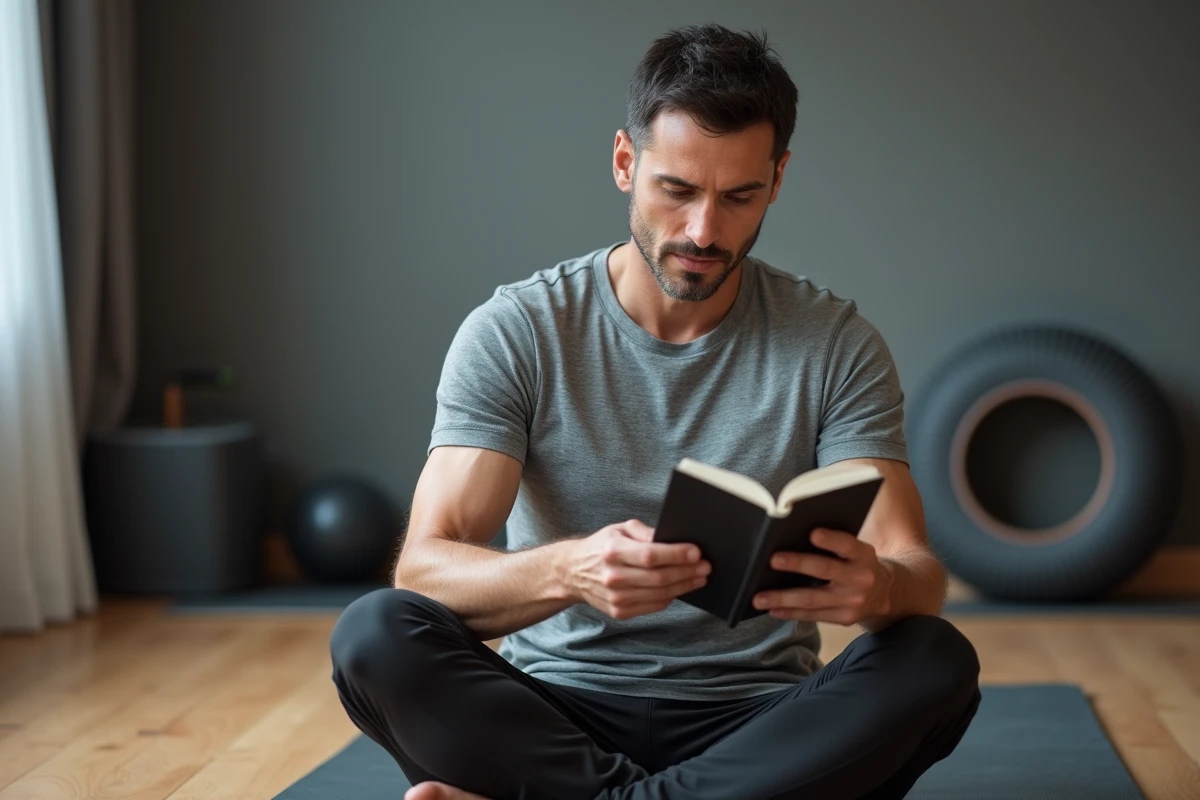 Homme consultant un journal de bien-être sur un tapis de yoga après une cure Indiva System