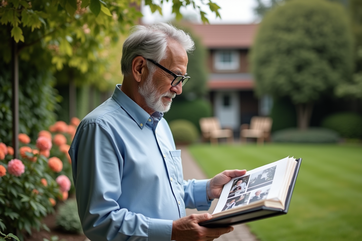 Homme âgé feuilletant un album photo dans le jardin