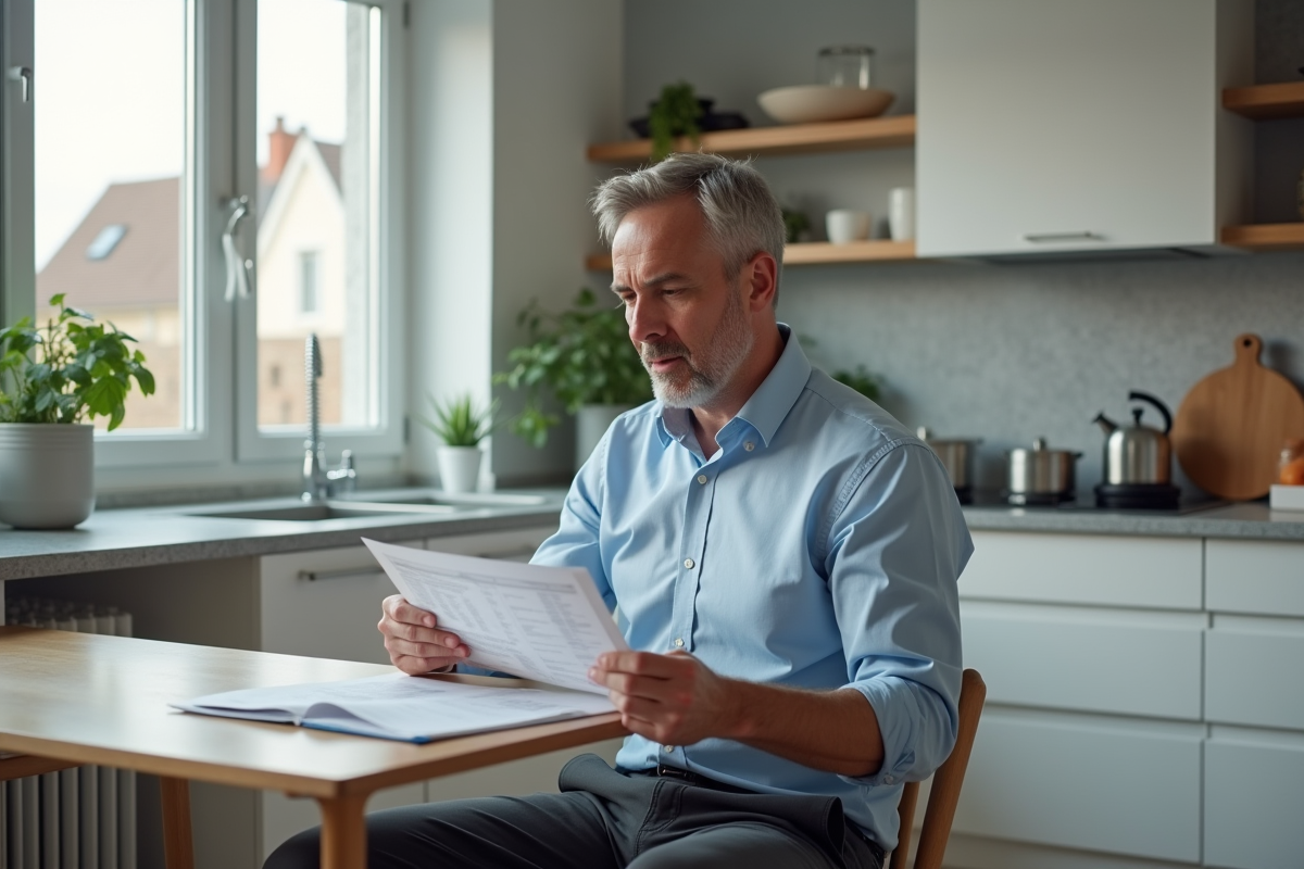 Homme examinant un graphique médical dans la cuisine