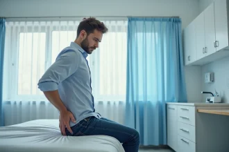 Homme d'âge moyen inquiet assis sur un lit médical