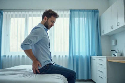 Homme d'&acirc;ge moyen inquiet assis sur un lit m&eacute;dical