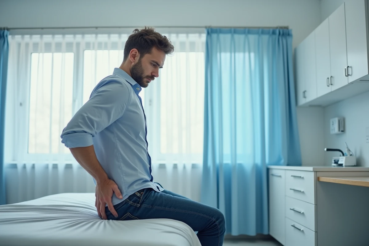 Homme d'âge moyen inquiet assis sur un lit médical