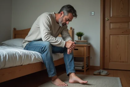 Homme d'&acirc;ge moyen se massant le talon dans sa chambre