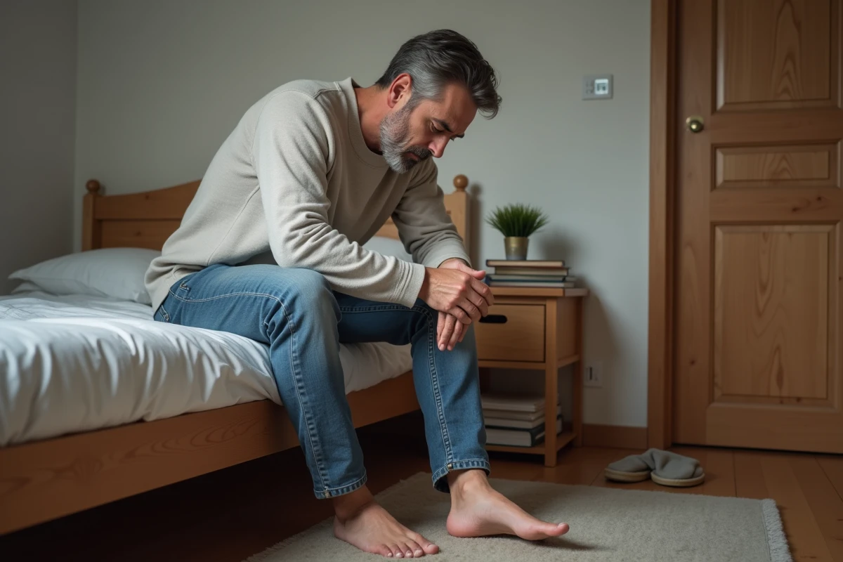 Homme d'âge moyen se massant le talon dans sa chambre