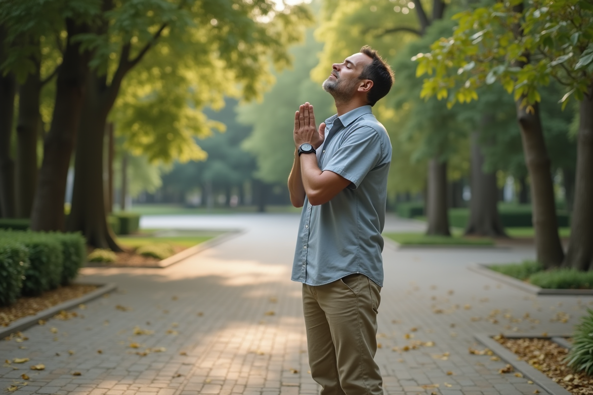 Homme méditant dans un parc urbain en pleine nature