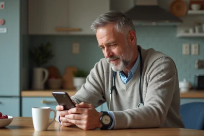 Homme d'&acirc;ge moyen utilisant une application m&eacute;dicale sur son smartphone dans la cuisine