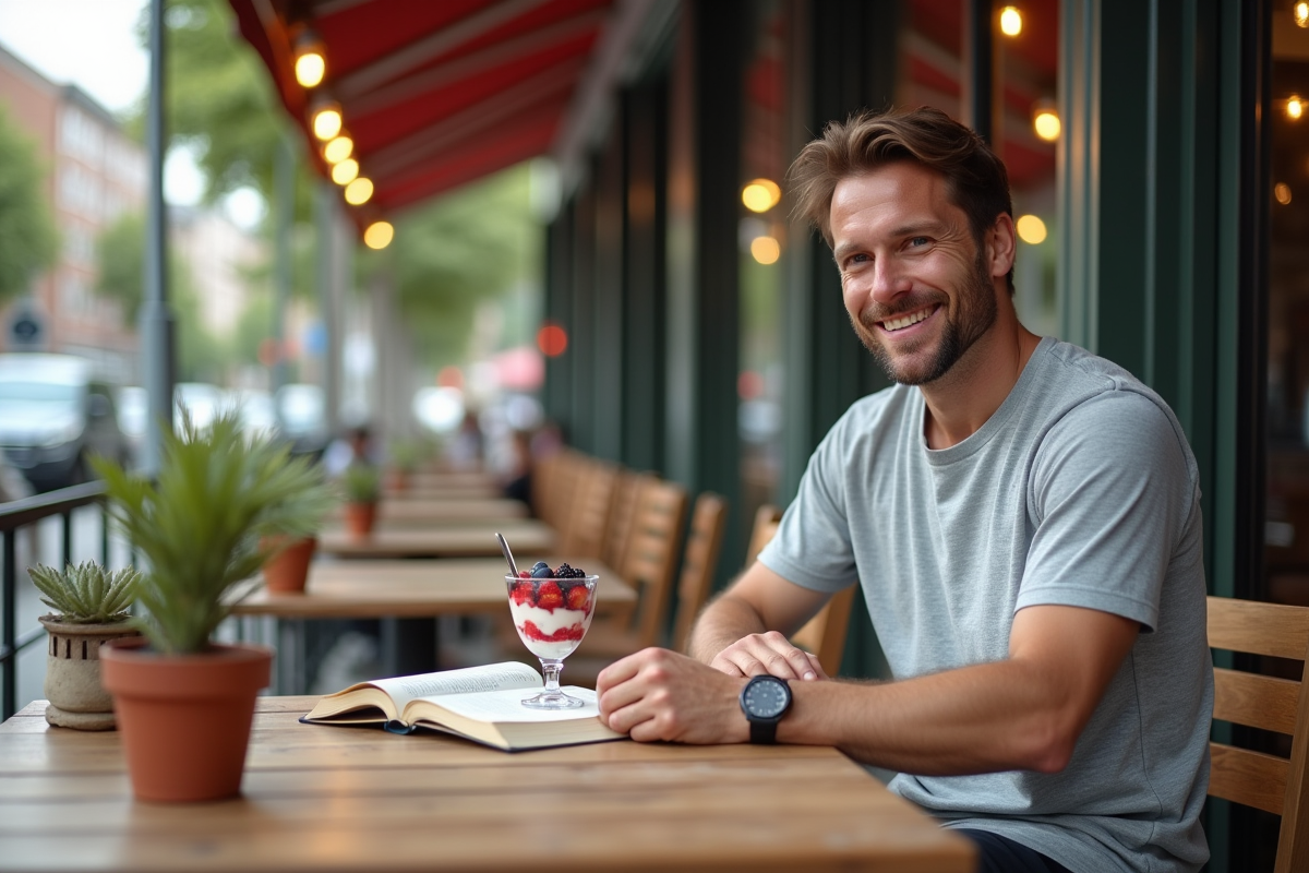 Homme en extérieur savourant un parfait aux fruits dans un café urbain