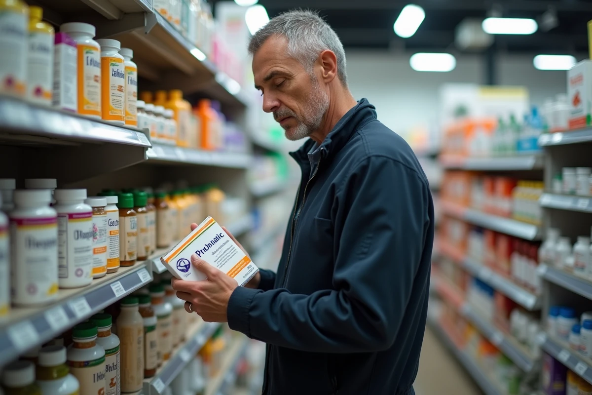 Homme en pharmacie examinant une boîte de probiotiques pour troubles digestifs et intestin irritable