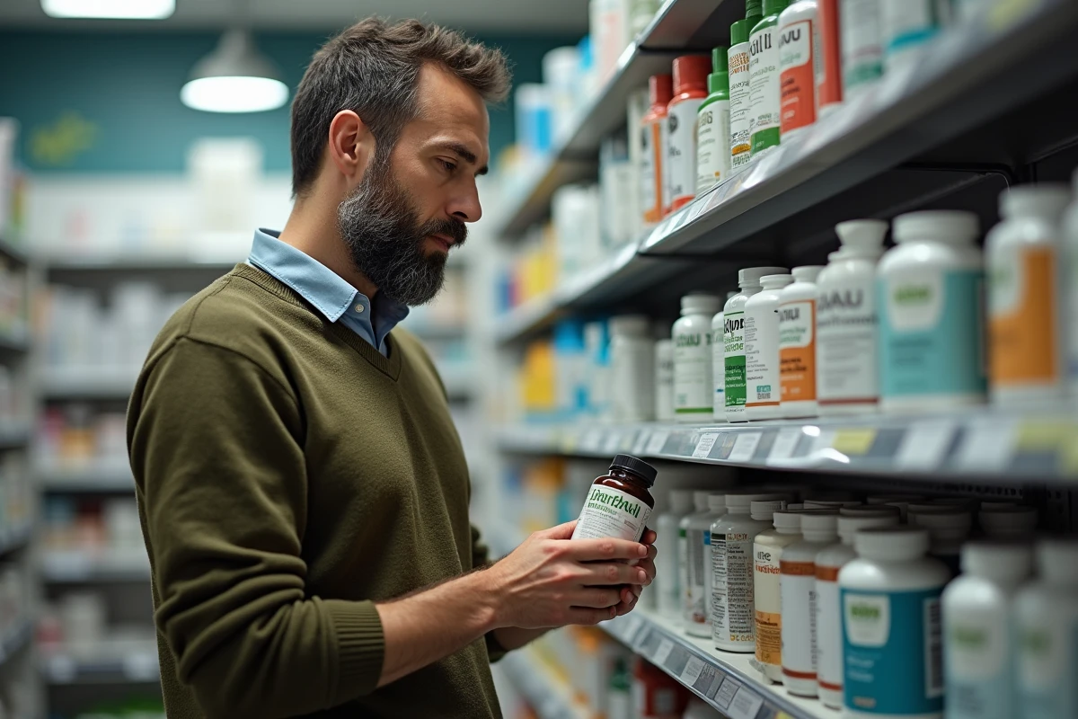 Homme comparant deux bouteilles de suppléments en pharmacie