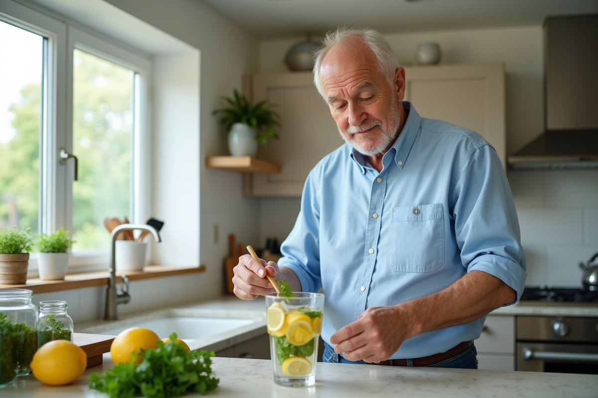 Homme préparant une eau infusée au citron et persil dans la cuisine