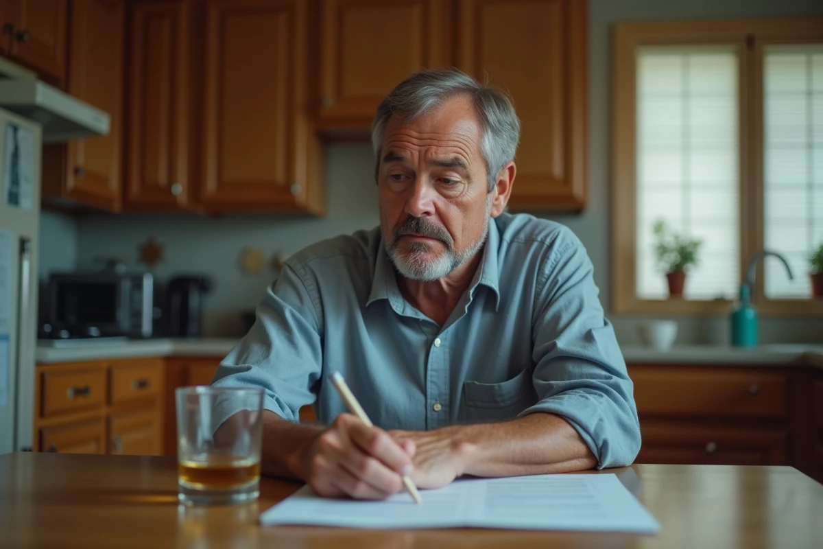 Homme d'âge moyen pensif avec whisky et rapport médical