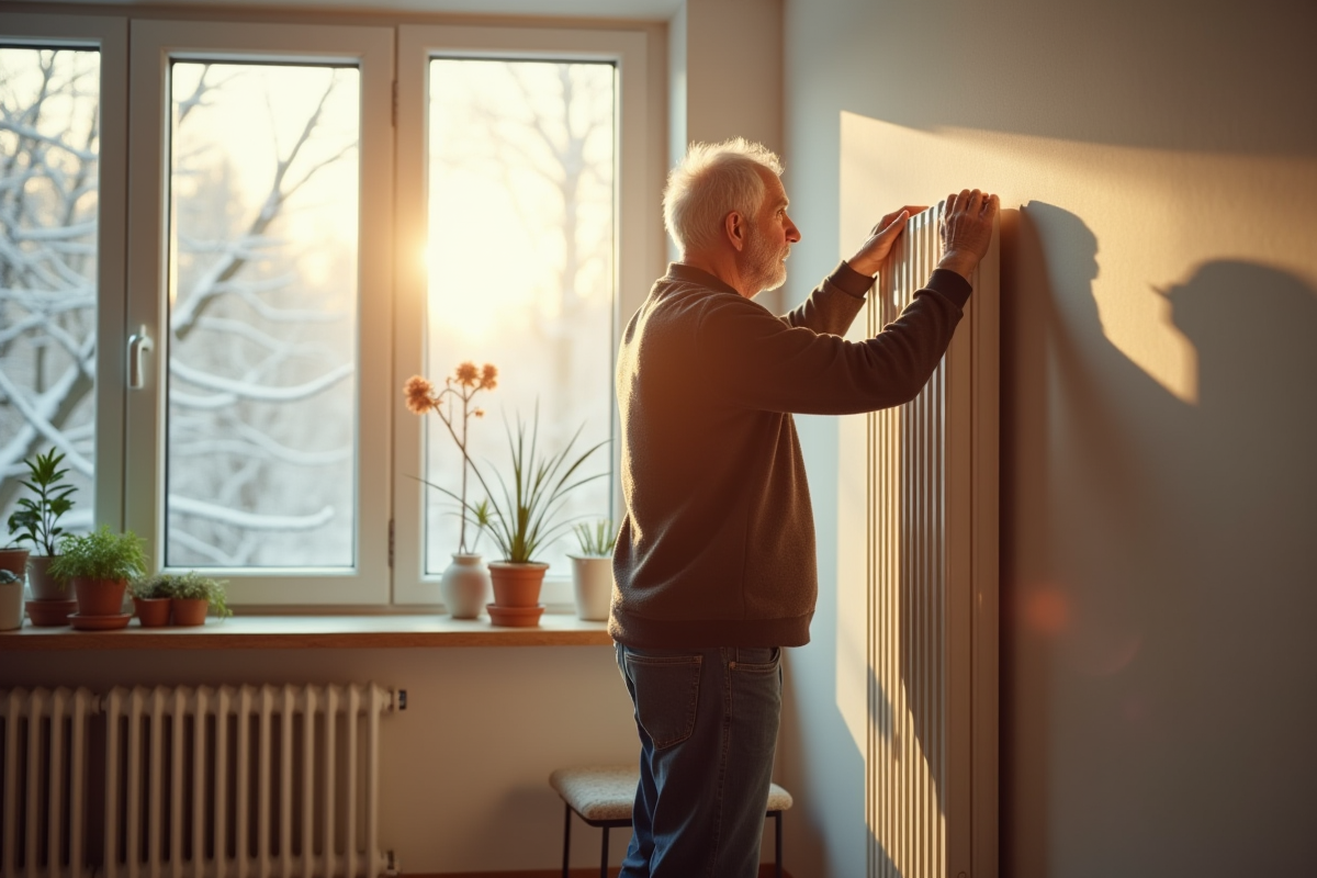 Homme ajustant un radiateur dans un appartement lumineux