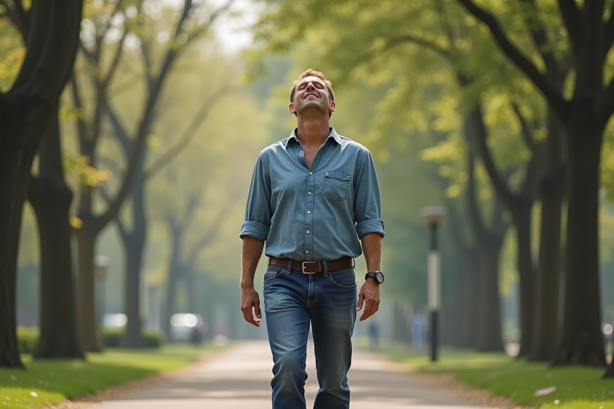 Homme en jeans respirant dans un parc urbain