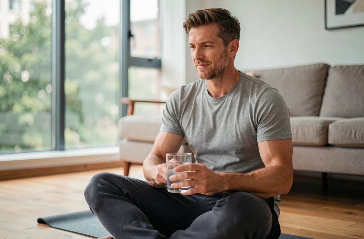 Homme prenant un complément postbiotique le matin dans son appartement dans le cadre d'une routine bien-être pour la santé intestinale