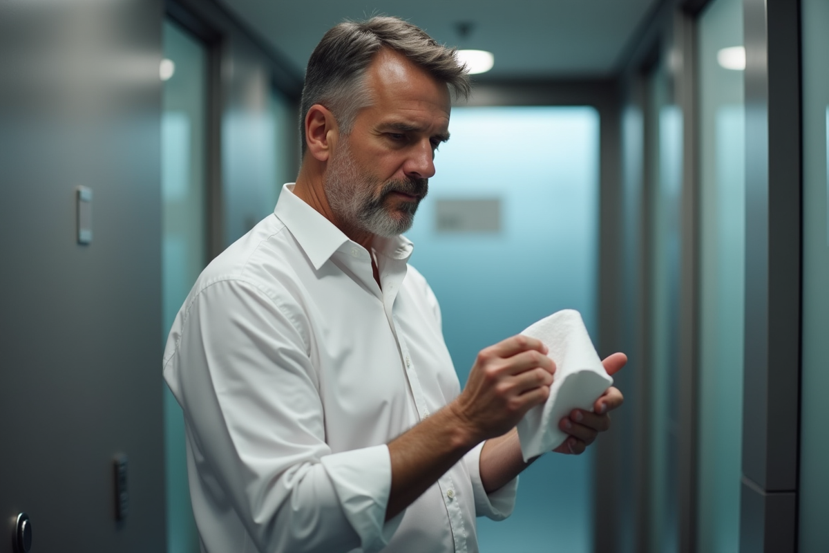 Homme d affaires sechant ses mains dans un lavabo de bureau
