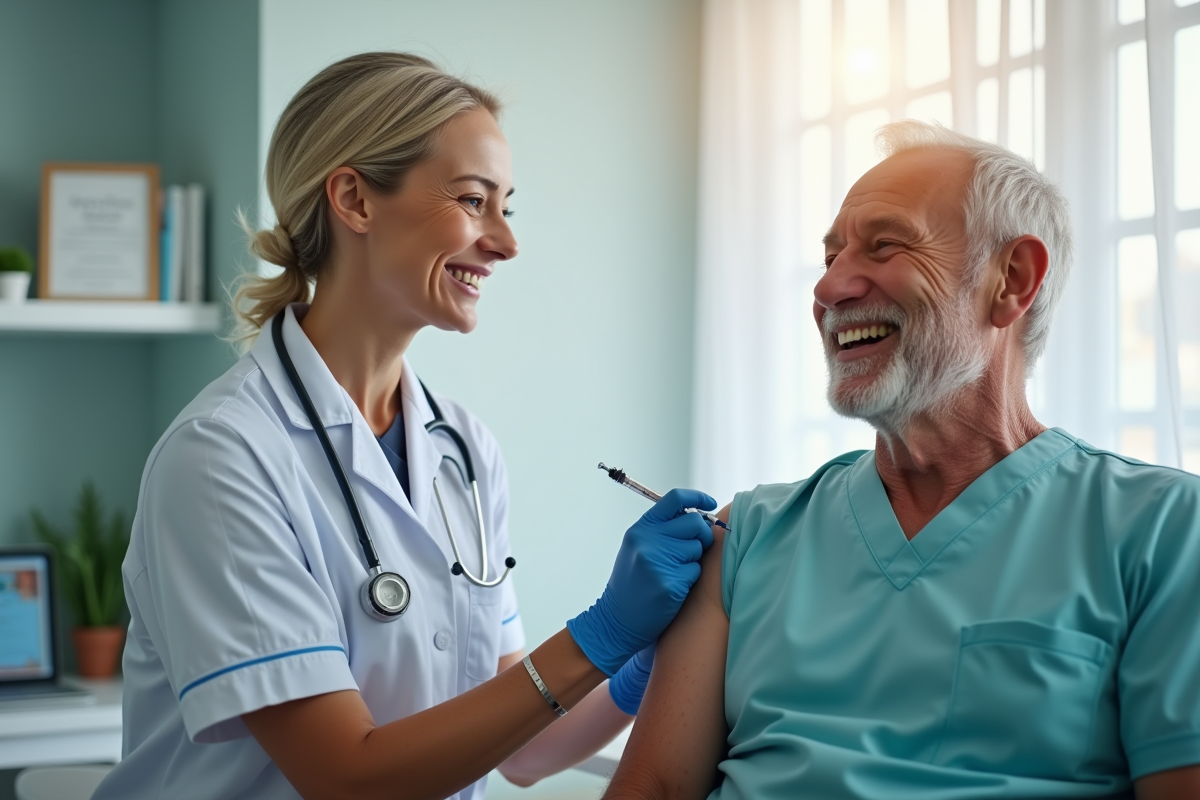 Homme senior souriant recevant un vaccin en clinique