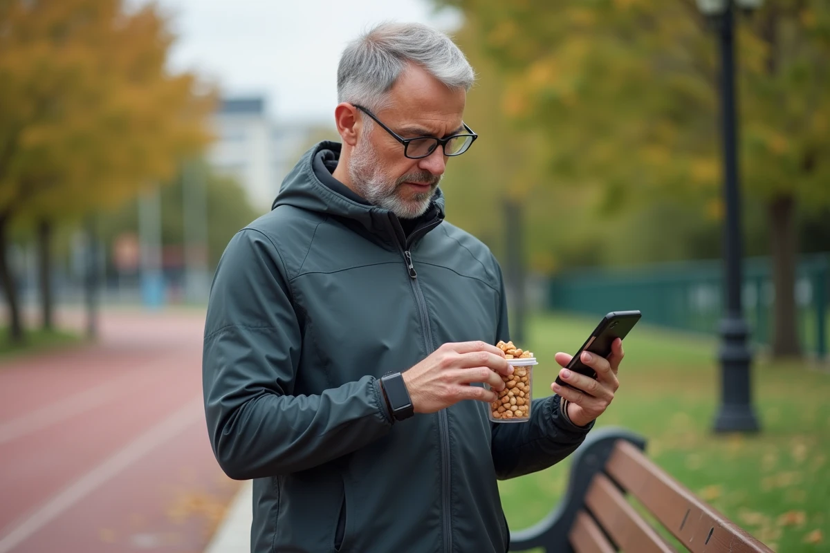 Homme vérifiant ses amandes en plein air dans un parc
