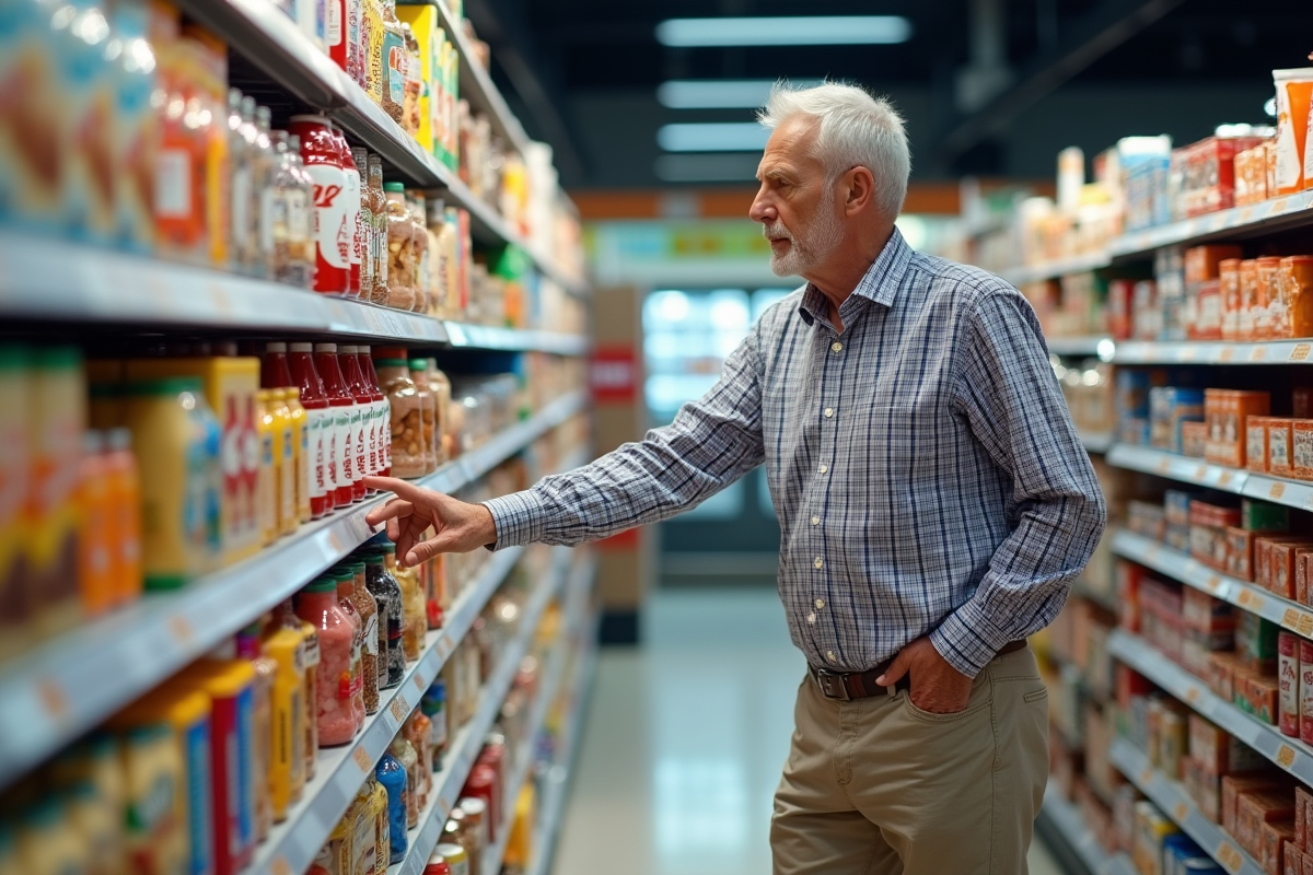 Homme hésitant devant les rayons d’un supermarché