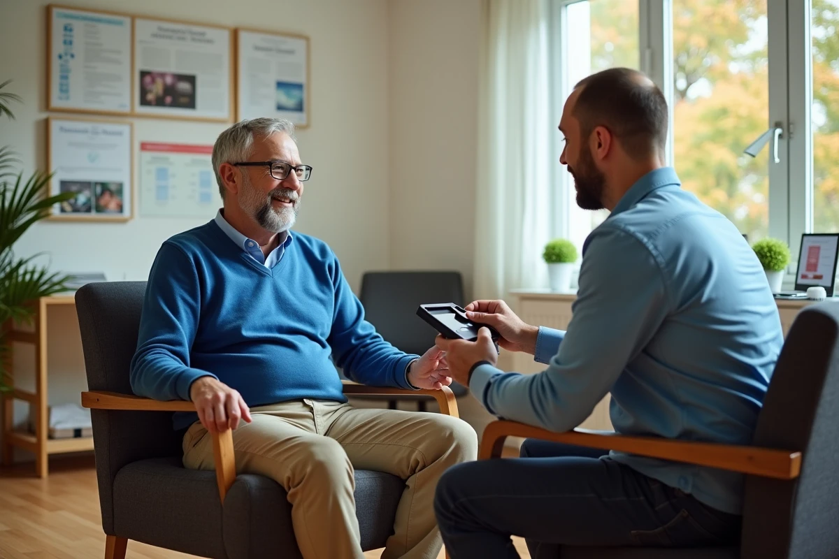 Homme adulte avec thérapeute montrant un outil adapté en cabinet