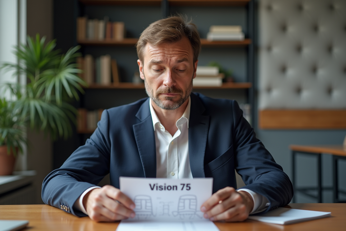 Homme d'âge moyen regardant un graphique vision 75 dans un bureau
