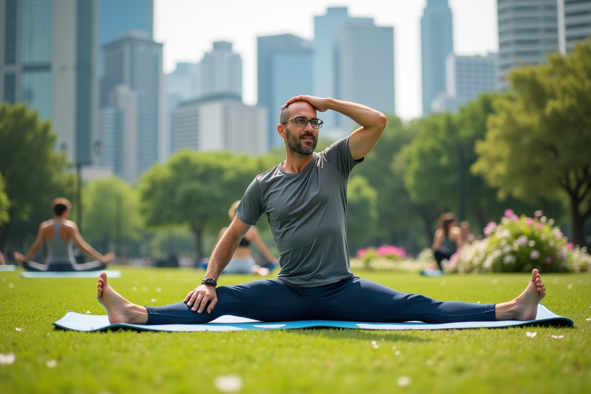Homme en stretching dans un parc urbain en pleine nature