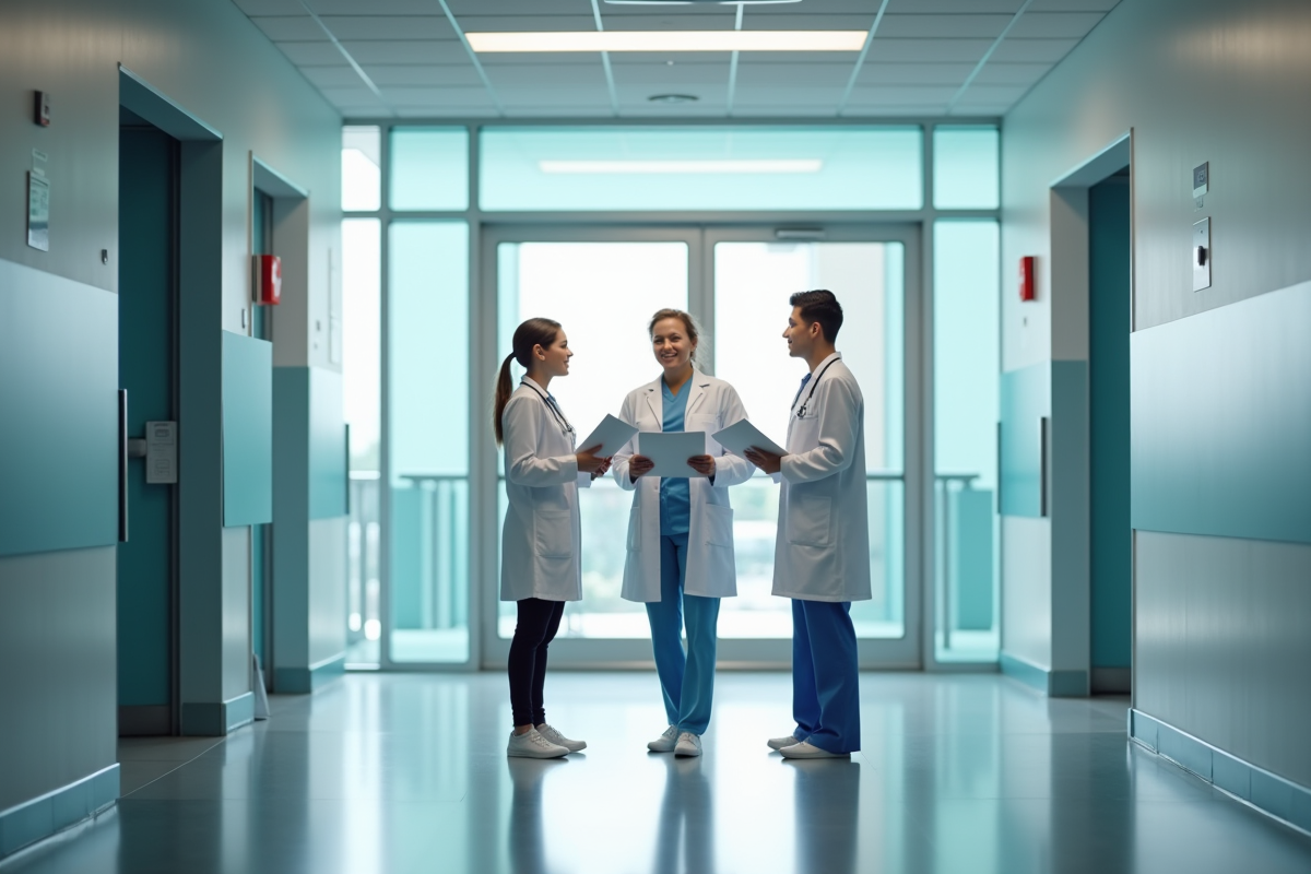 Entrée d'un hôpital moderne avec professionnels de santé et administrateur