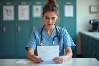 Infirmière assiste à un bulletin de salaire dans une salle de repos