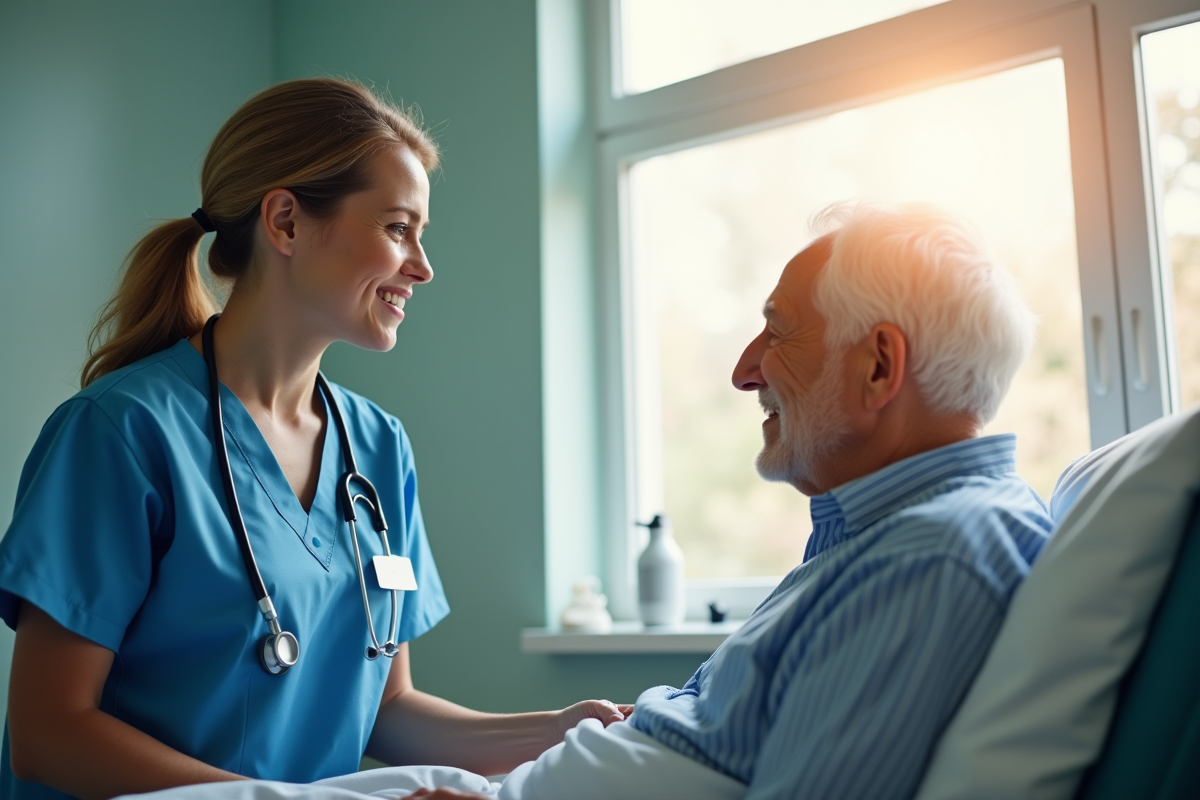 Infirmière compatissante parle avec une personne âgée dans une chambre lumineuse