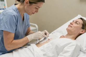 Infirmière appliquant un pansement stérile sur une plaie chirurgicale suturée en milieu hospitalier