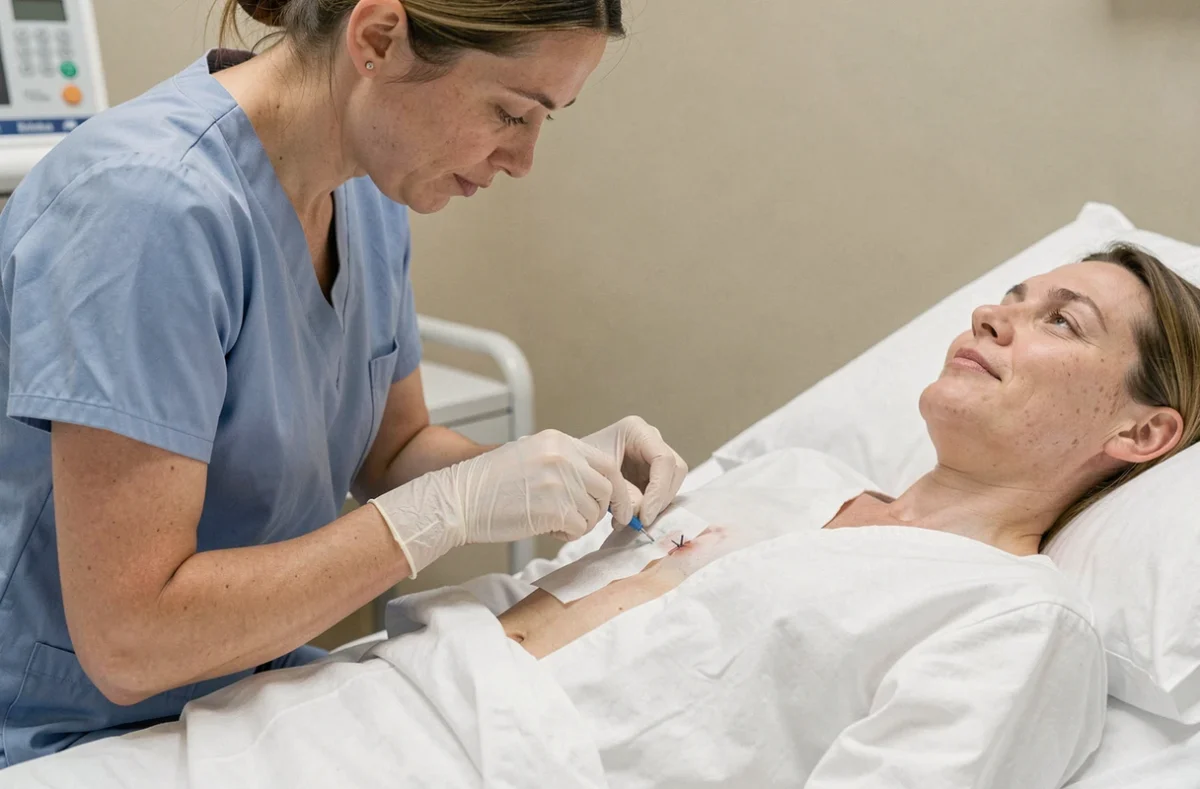 Infirmière appliquant un pansement stérile sur une plaie chirurgicale suturée en milieu hospitalier