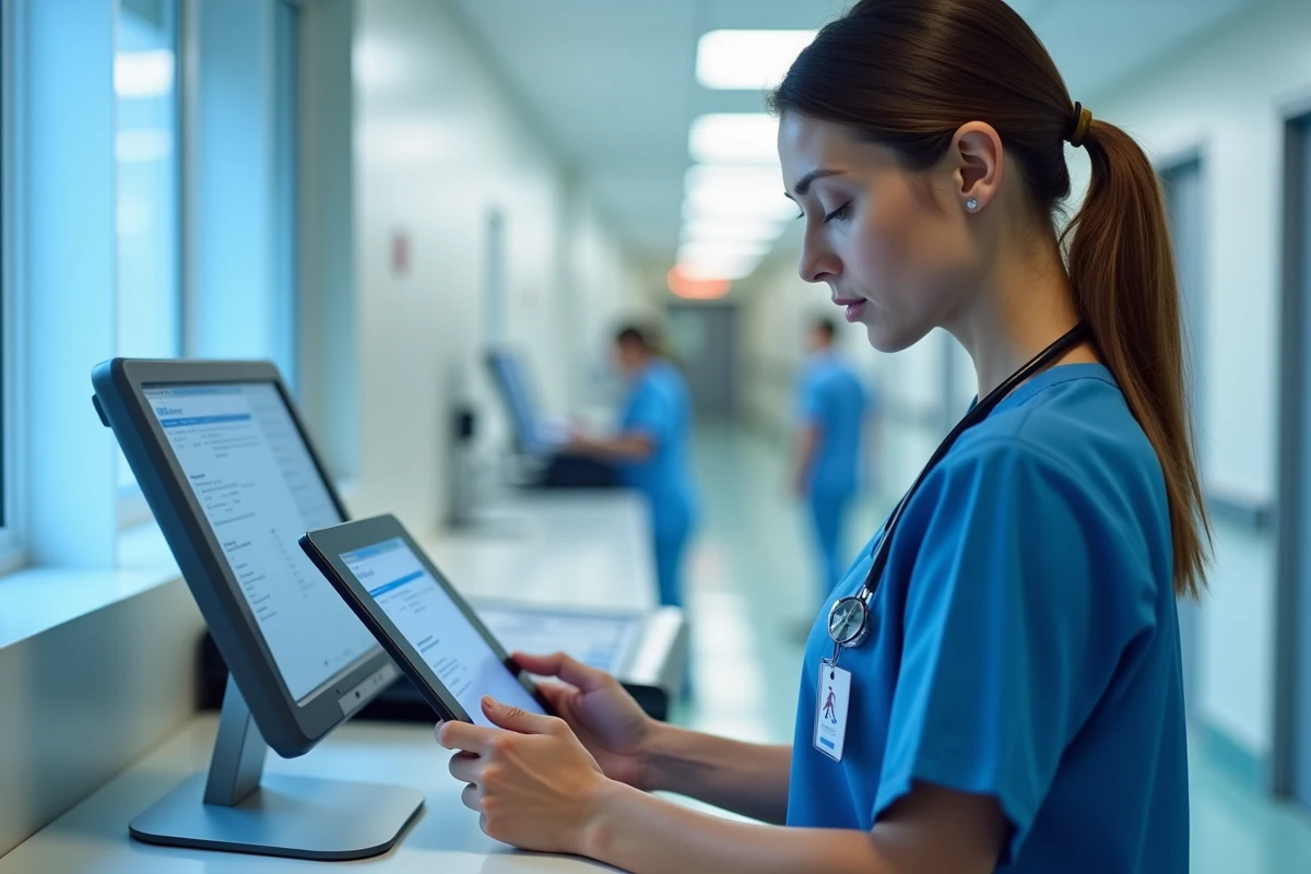 Infirmière consultant les paramètres d'authentification d'un logiciel médical sécurisé sur une tablette au poste de soins infirmiers