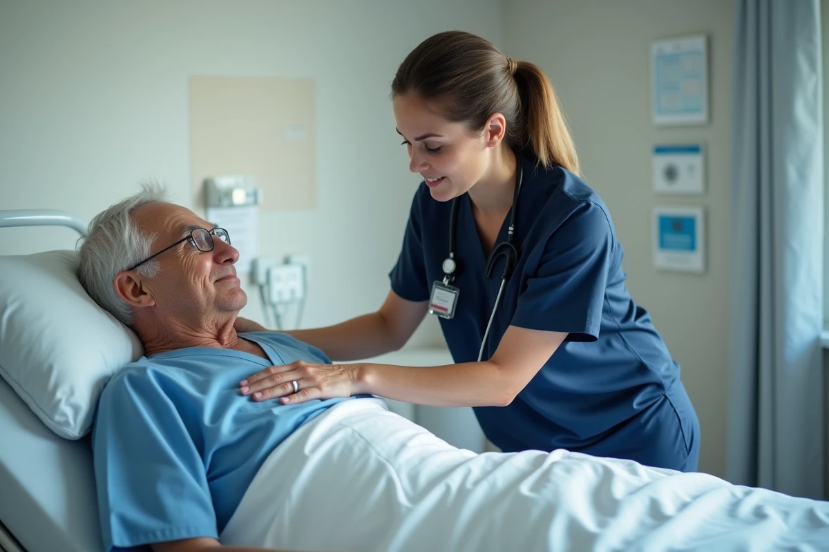 Infirmière en blouse bleue soigne un patient âgé